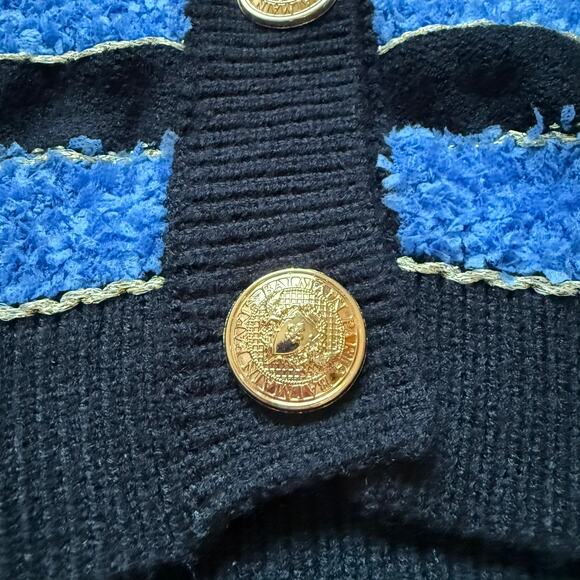 Cider Blue Black Striped Cropped Cardigan Gold Buttons Women’s Medium - Picture 6 of 13